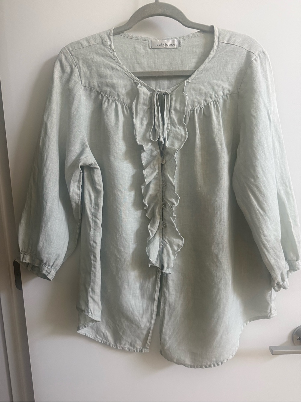 Cut Loose Linen Celadon Green Ruffle Blouse Large
